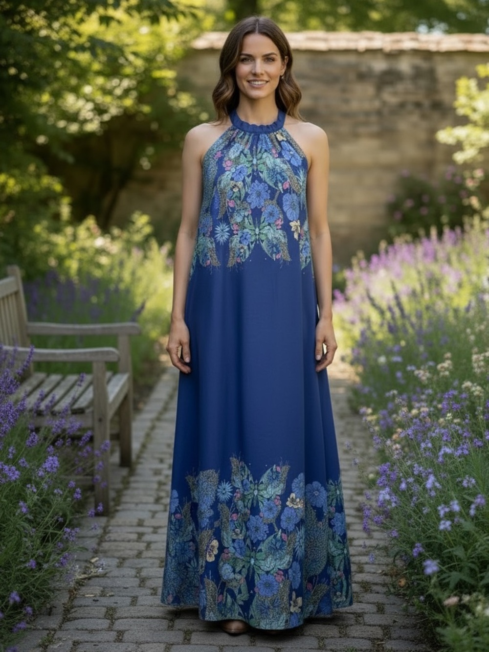 NWT Magari Halter Maxi Dress XL Blue Floral Refined Elegance Summer Romance